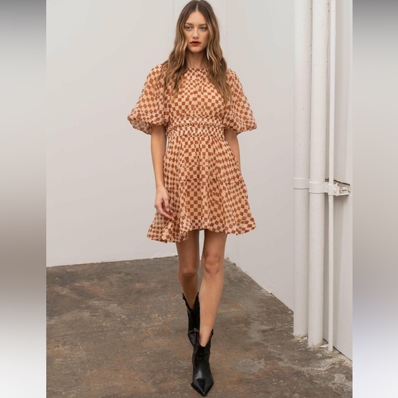 Moon River Dresses & Skirts - Moon River Tan and Brown Checkered Dress